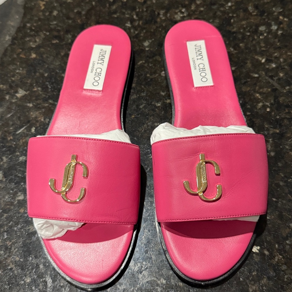 Jimmy Choo Pink Slides with Gold Accents